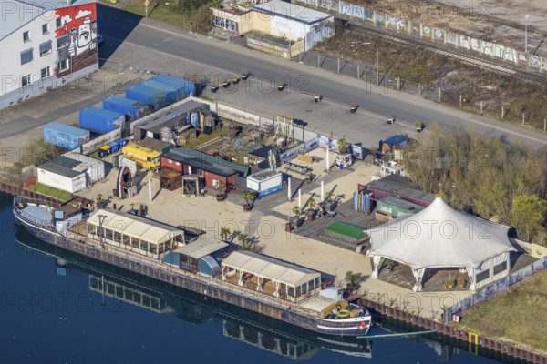 Aerial view, harbour Dortmund, ship and gastronomy Walter, harbour, Dortmund, Ruhr area, North