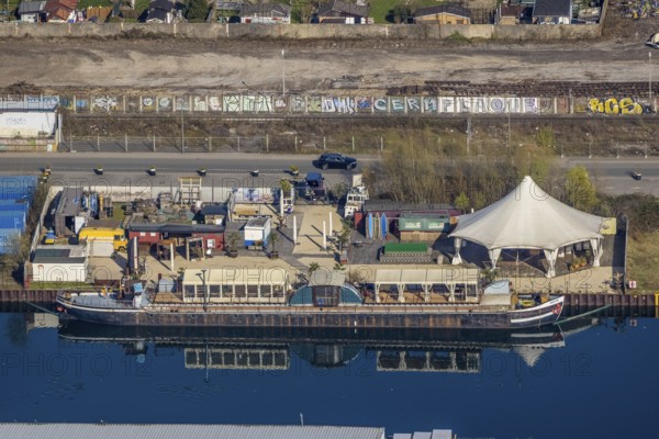 Aerial view, harbour Dortmund, ship and gastronomy Walter, harbour, Dortmund, Ruhr area, North