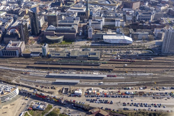 Aerial view, construction site with reconstruction and new construction of platforms at Dortmund
