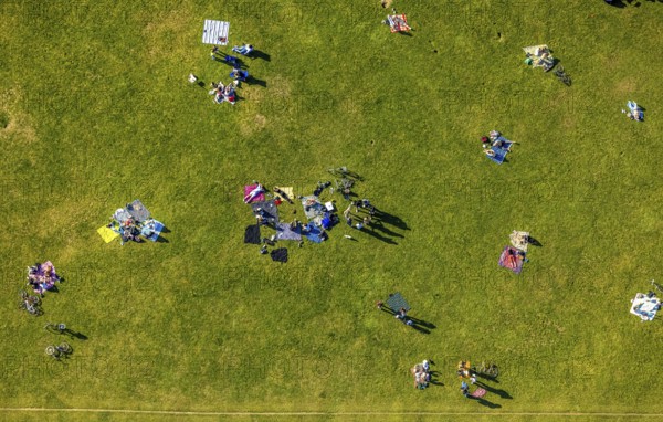 Aerial view, the Tremoniapark a large playground and sunbathing lawn, spring weather on Dortmund's