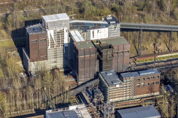Aerial view, industrial monument Hansa coking plant, construction work on salt factory, screening