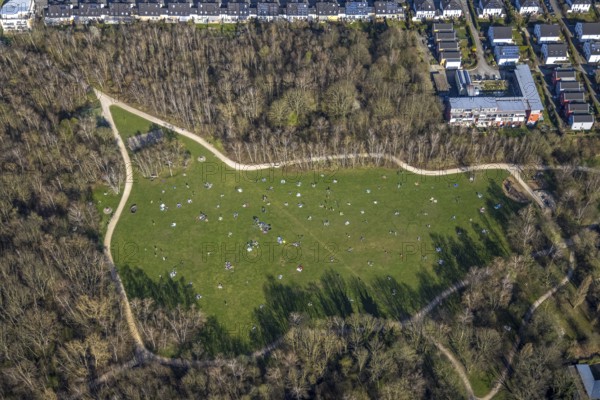 Aerial view, the Tremoniapark a large playground and sunbathing lawn, spring weather on Dortmund's