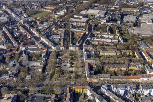 Aerial view, Nordmarkt, petanque court, boules court on the Nordmarkt, Nordmarkt primary school,