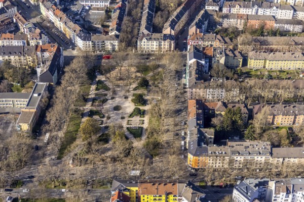 Aerial view, Nordmarkt, petanque court, boules court on the Nordmarkt, Nordmarkt primary school,