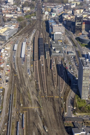 Aerial view, construction site with reconstruction and new construction of platforms at Dortmund