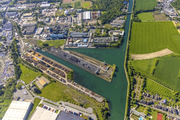 Aerial view, Lindhorster Hafen, coal harbour of the inland port Dortmunder Hafen AG in Dortmund in