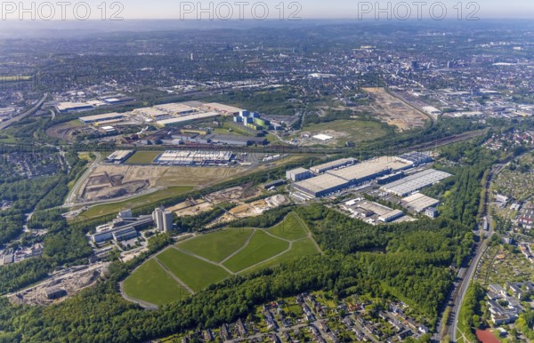 Aerial view, Kaufland logistics, former Westfalenhütte site, construction site and new REWE