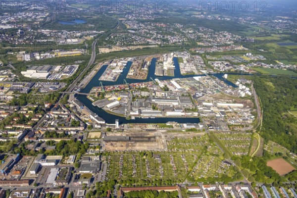Aerial view, coal harbour of the inland port Dortmunder Hafen AG in Dortmund in the federal state