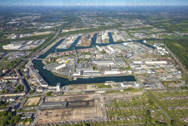 Aerial view, coal harbour of the inland port Dortmunder Hafen AG in Dortmund in the federal state