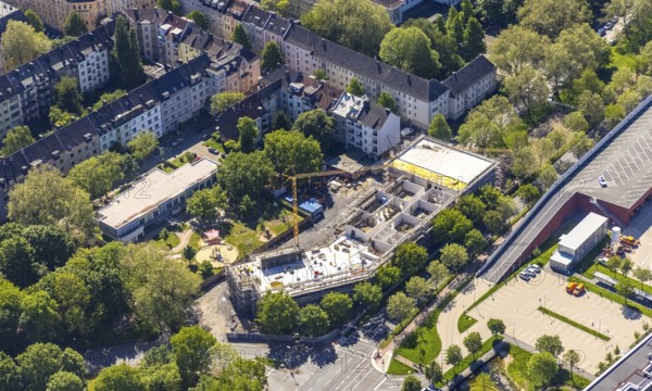 Aerial view, construction site at Sunderweg corner Speestraße for the new Lessing primary school,