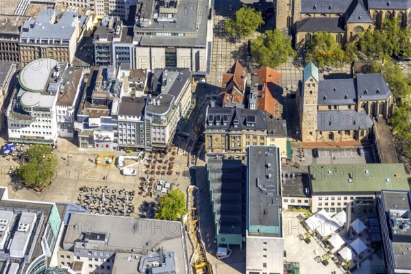 Aerial view, outdoor catering Alter Markt with brass fountain, Evang. Stadtkirche St Marien,