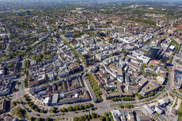 Aerial view, city of Dortmund, city centre view with wall, RWE Tower black skyscraper, Dortmund,