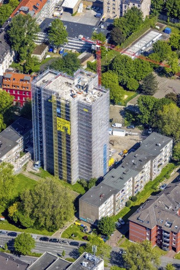 Aerial view, construction site demolition high-rise building, Kielstraße corner