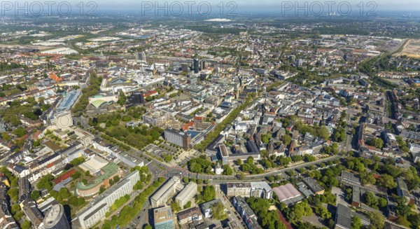 Aerial view, city of Dortmund, city centre view with wall, RWE Tower black skyscraper,
