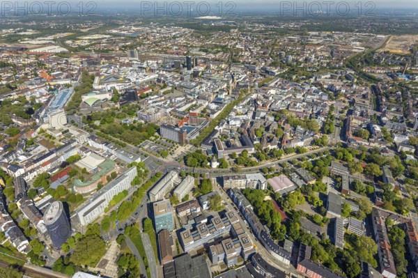 Aerial view, city of Dortmund, city centre view with wall, RWE Tower black skyscraper,