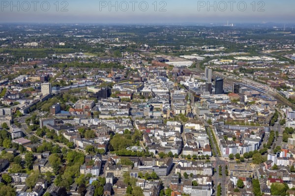 Aerial view, city of Dortmund, city centre view with wall, RWE Tower black skyscraper,