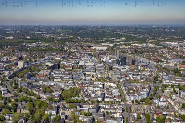 Aerial view, city of Dortmund, city centre view with wall, RWE Tower black skyscraper,