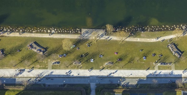 Aerial view, sunbathing at Lake Phoenix, spring weather on Dortmund's sunbathing lawns, Dortmund,