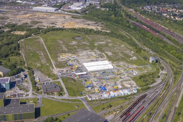 Aerial view, brownfield and construction site former Westfalenhütte, Borsigplatz, Dortmund, Ruhr