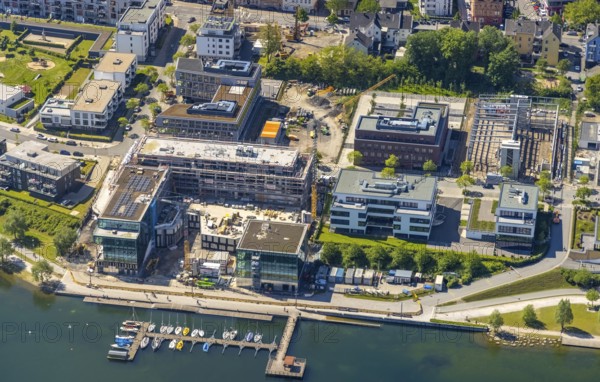 Aerial view, Phoenix Lake, boat landing stage, Hörde, Dortmund, Ruhr area, North Rhine-Westphalia,