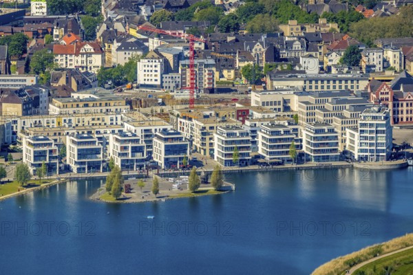 Aerial view, Promenade at Lake Phoenix, Kulturinsel, Schüren, Dortmund, Ruhr area, North