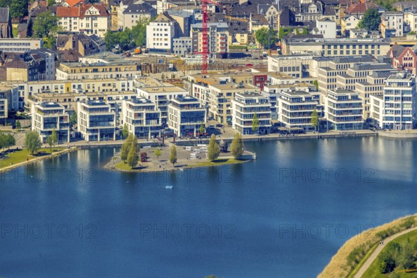 Aerial view, Promenade at Lake Phoenix, Kulturinsel, Aplerbeck, Dortmund, Ruhr area, North