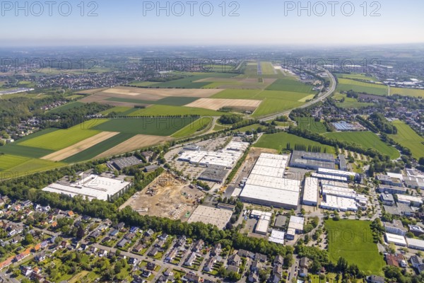 Aerial view, Schleefstraße industrial estate with construction site and new Bauhaus DIY store,