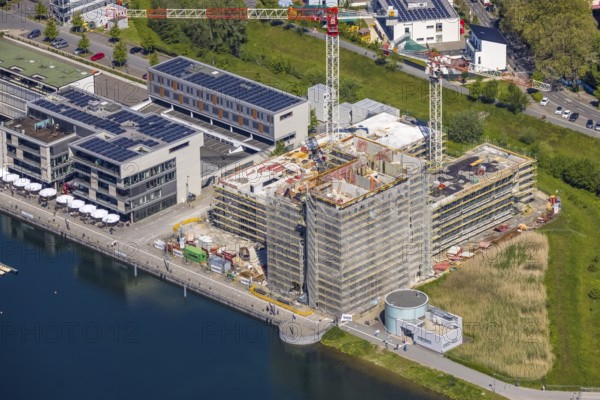 Aerial view, Phoenix Lake, construction site for a new retirement home, high-rise building H12,