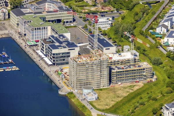 Aerial view, Phoenix Lake, construction site for a new retirement home, high-rise building H12,