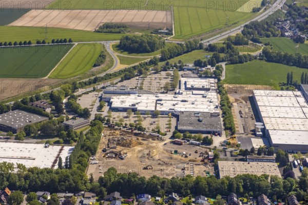 Aerial view, Schleefstraße industrial estate with construction site and new Bauhaus DIY store,