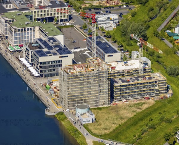 Aerial view, Phoenix Lake, construction site for a new retirement home, high-rise building H12,