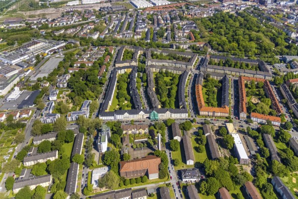 Aerial view, residential area with house facade renovation Neuer Graben and Althoffstraße in