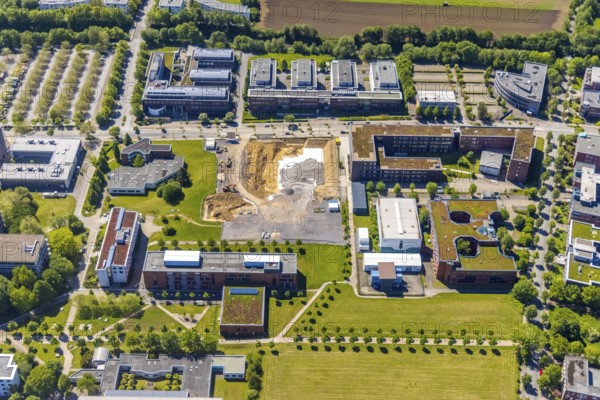 Aerial view, Dortmund University of Technology, construction site of new refrigeration plant in