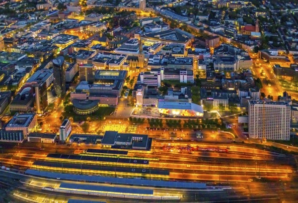 Aerial view, Dortmund main station and city centre, Harenberg City-Center, RWE Tower, German