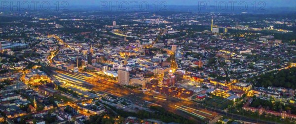Aerial view, Dortmund main station and city centre, Dortmund U-Tower, city, Dortmund, Ruhr area,