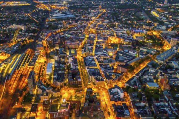 Aerial view, Dortmund main station and city centre, Harenberg City-Center, RWE Tower, German