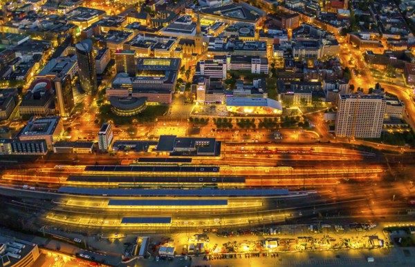 Aerial view, Dortmund main station and city centre, Harenberg City-Center, RWE Tower, German
