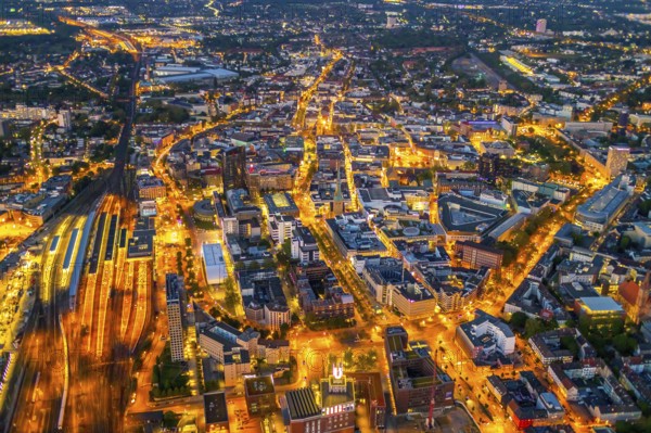 Aerial view, Dortmund main station and city centre, Harenberg City-Center, RWE Tower, German