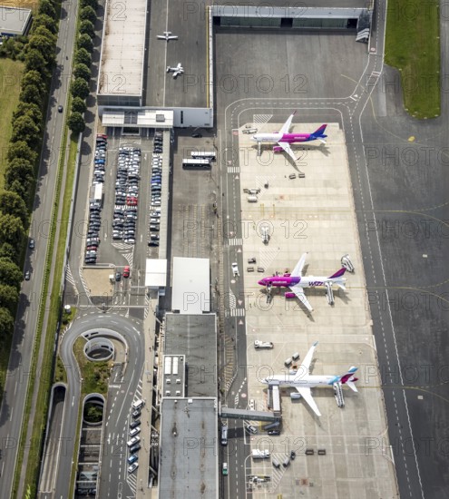 Aerial photo, Dortmund Airport, EDLW, Wickede, apron with two Wizzair jets and a Eurowings