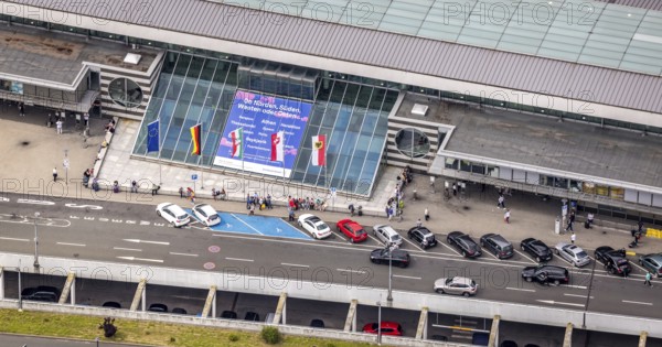 Aerial photo, Dortmund airport, departure level, arrival right of way, flags at airport entrance,