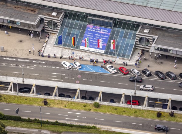 Aerial photo, Dortmund airport, departure level, arrival right of way, flags at airport entrance,