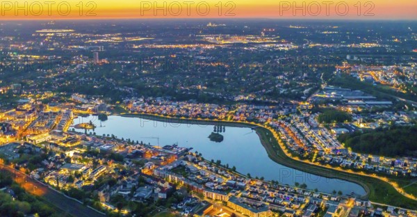 Aerial view, Phoenix Lake, Hörde, Dortmund, Ruhr area, North Rhine-Westphalia, Germany, sunset, DE,