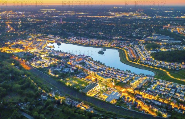Aerial view, Phoenix Lake, Hörde, Dortmund, Ruhr area, North Rhine-Westphalia, Germany, sunset, DE,