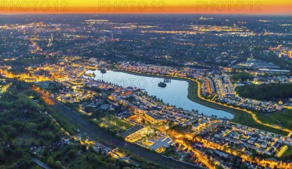 Aerial view, Phoenix Lake, Hörde, Dortmund, Ruhr area, North Rhine-Westphalia, Germany, sunset, DE,