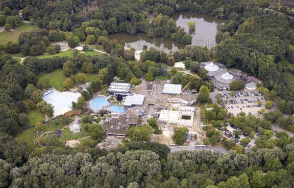 Aerial view, construction site at the brine bath in the Revierpark Wischlingen in the district