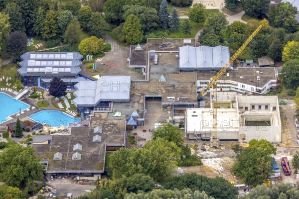 Aerial view, construction site at the brine bath in the Revierpark Wischlingen in the district
