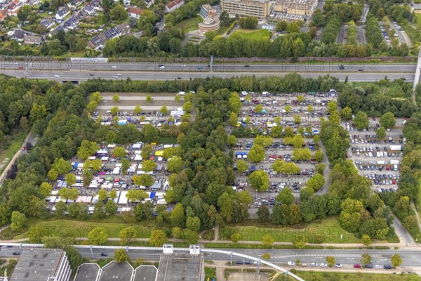 Aerial view, flea market on the car park at the University of Dortmund in the district