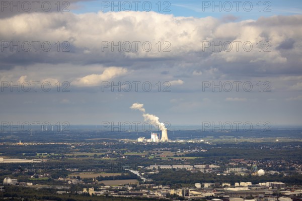 Aerial view, distant view to Trianel coal-fired power plant Lünen and smoke cloud with view from