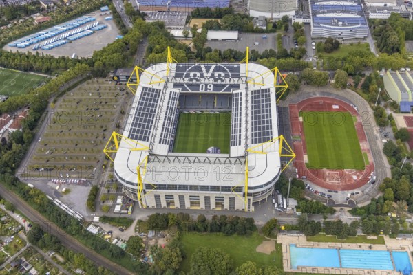 Aerial view, Signal Iduna Park Bundesliga stadium of BVB 09 and stadium Rote Erde in the district