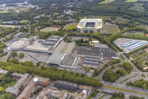 Aerial view, Signal Iduna Park Bundesliga stadium of BVB 09 and the Westfalenhallen in the Barop